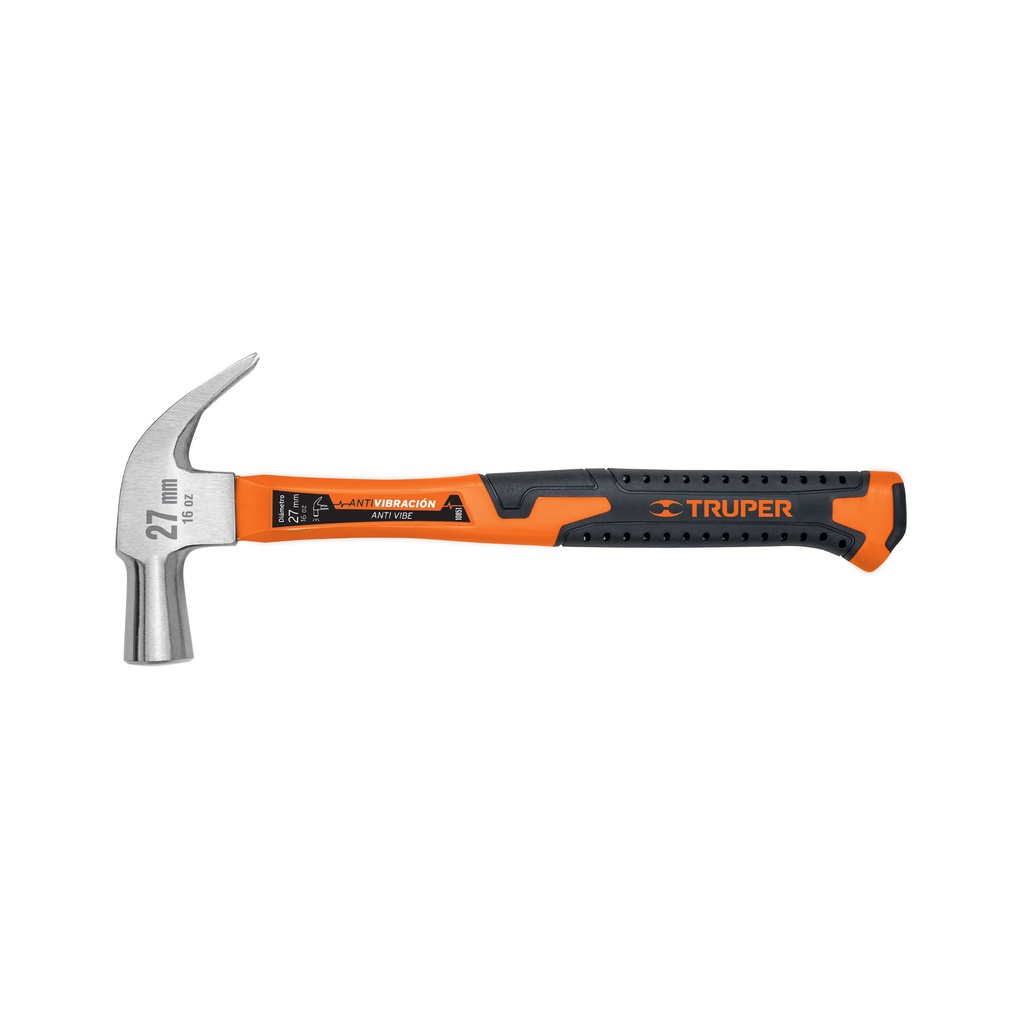Martillo cabeza conica, pulido uña curva, mango fibra de vidrio 16oz, Truper