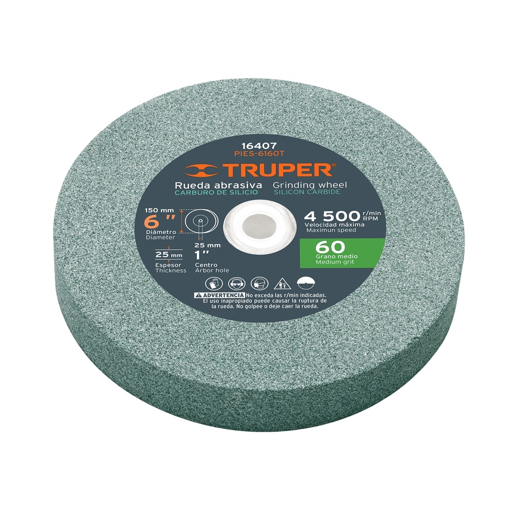 Piedras para amoladora de banco, carburo de silicio 6", grano 60, espesor 1", Truper