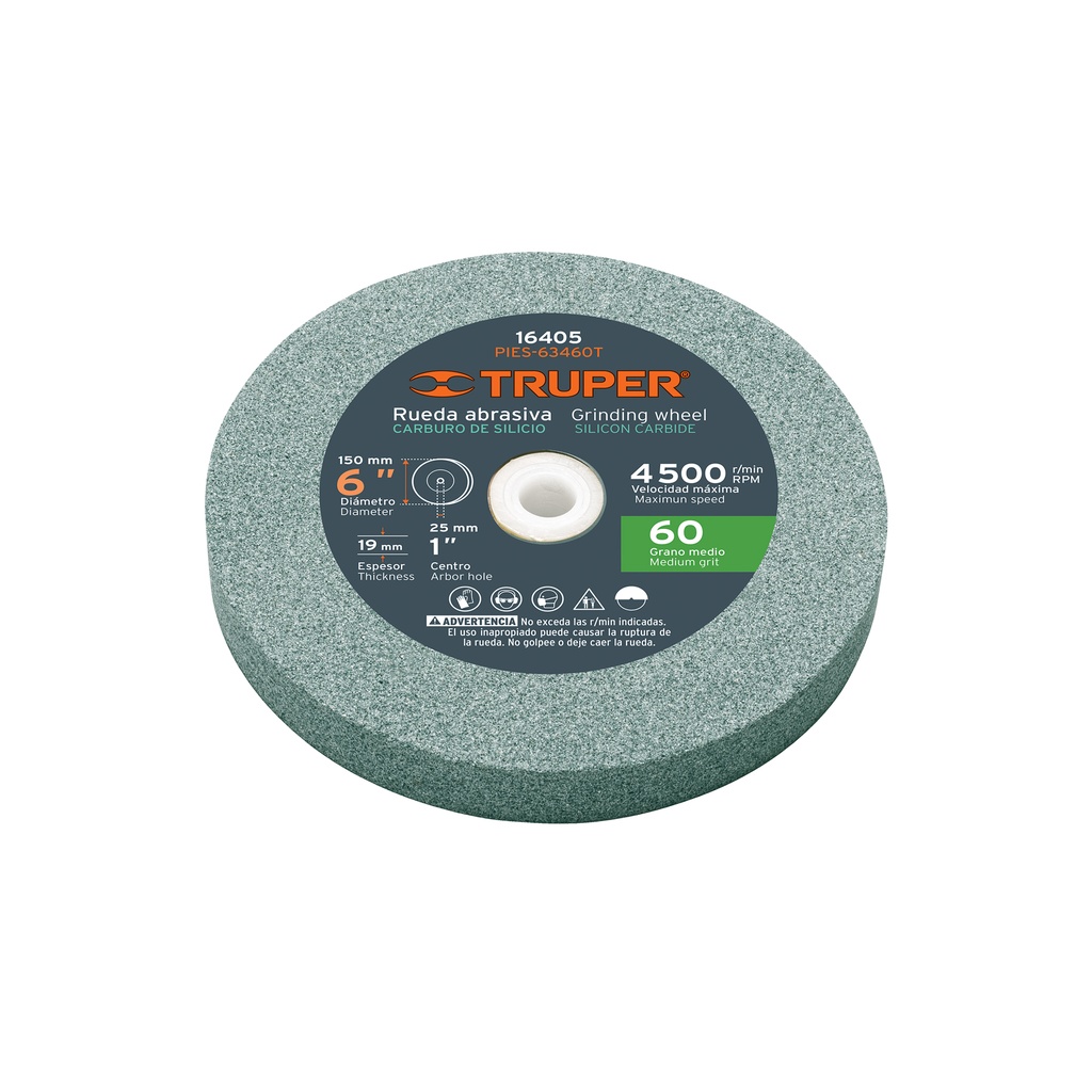 Piedras para amoladora de banco, carburo de silicio 6", grano 60, espesor 3/4", Truper