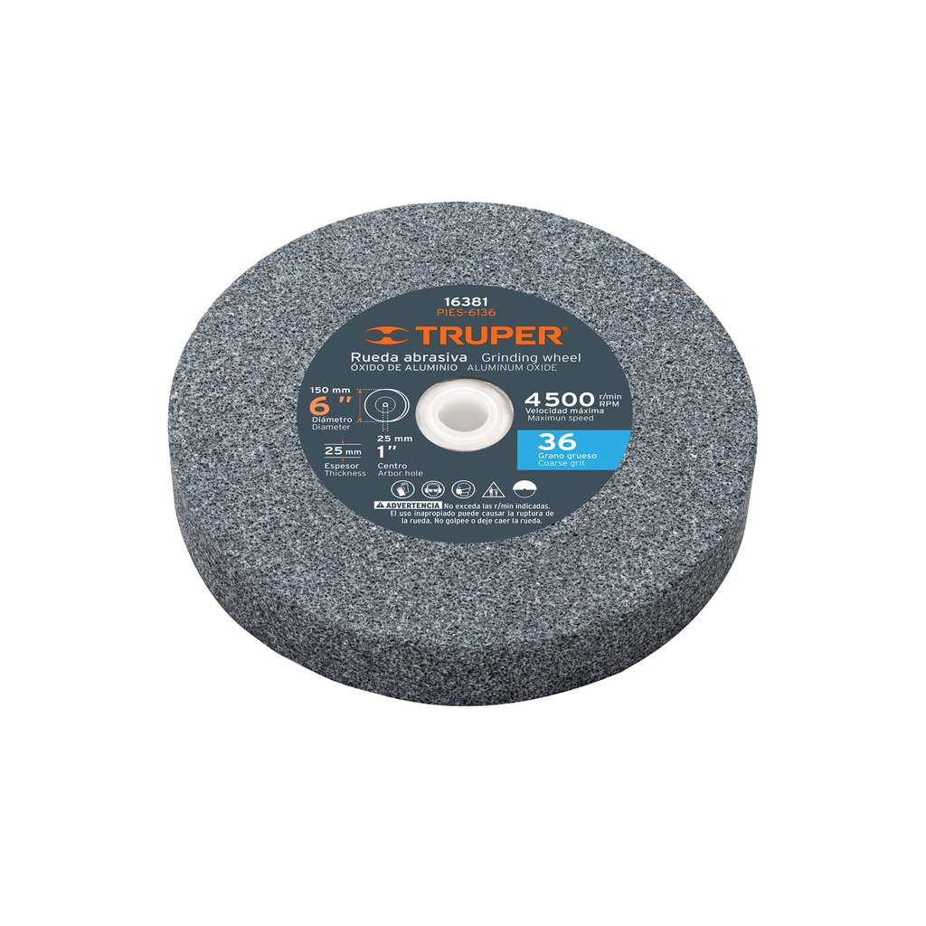 Piedras para amoladora de banco, oxido de aluminio 6", grano 36, espesor 1", Truper
