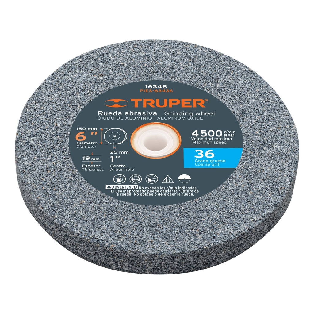 Piedras para amoladora de banco, oxido de aluminio 6", grano 36, espesor 3/4", Truper