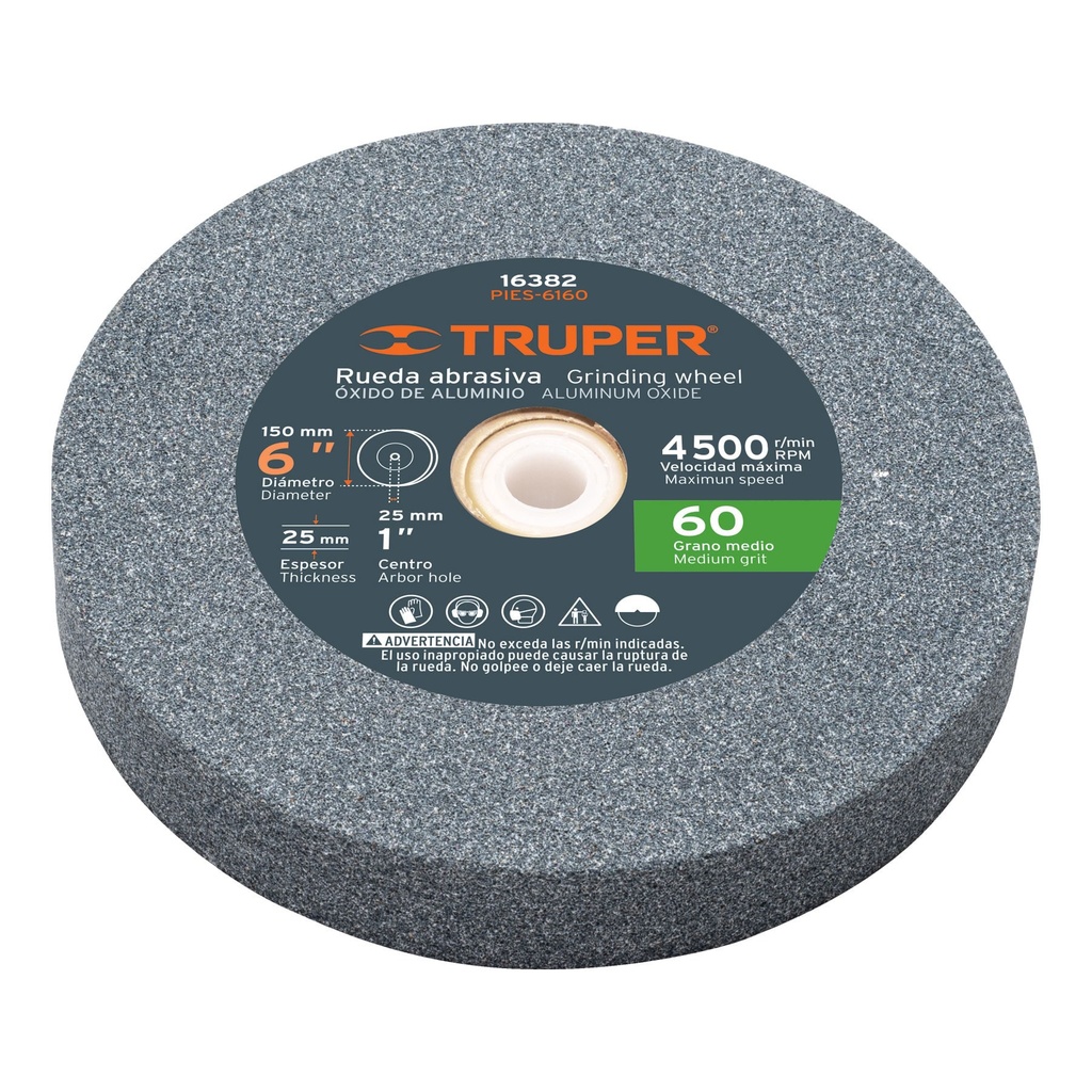 Piedras para amoladora de banco, oxido de aluminio 6", grano 60, espesor 1", Truper