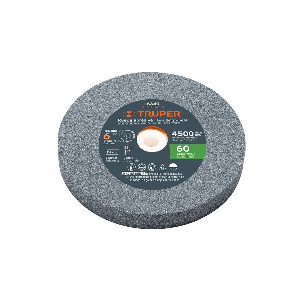 Piedras para amoladora de banco, oxido de aluminio 6", grano 60, espesor 3/4", Truper