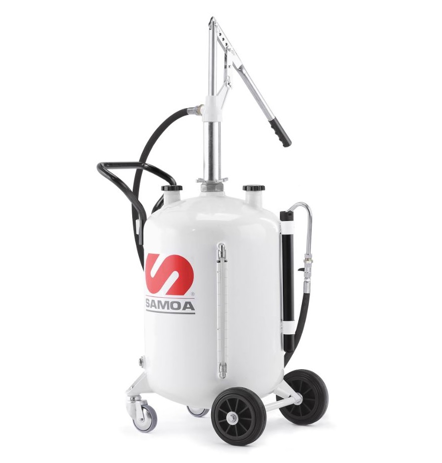 Dispensador movil de aceite C/Bomba manual accionamiento a palanca manguera de despacho de 1.5 MT, Samoa