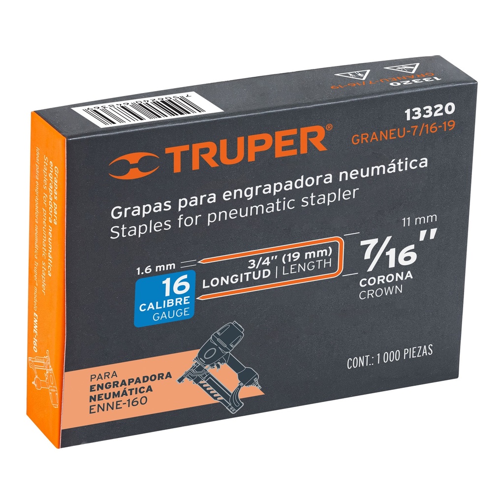 Caja con 1000 grapas corona 7/16" cal. 16, 19mm p/ENNE-160, Truper