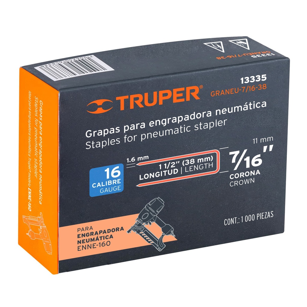 Caja con 1000 grapas corona 7/16" cal. 16, 38mm p/ENNE-160, Truper