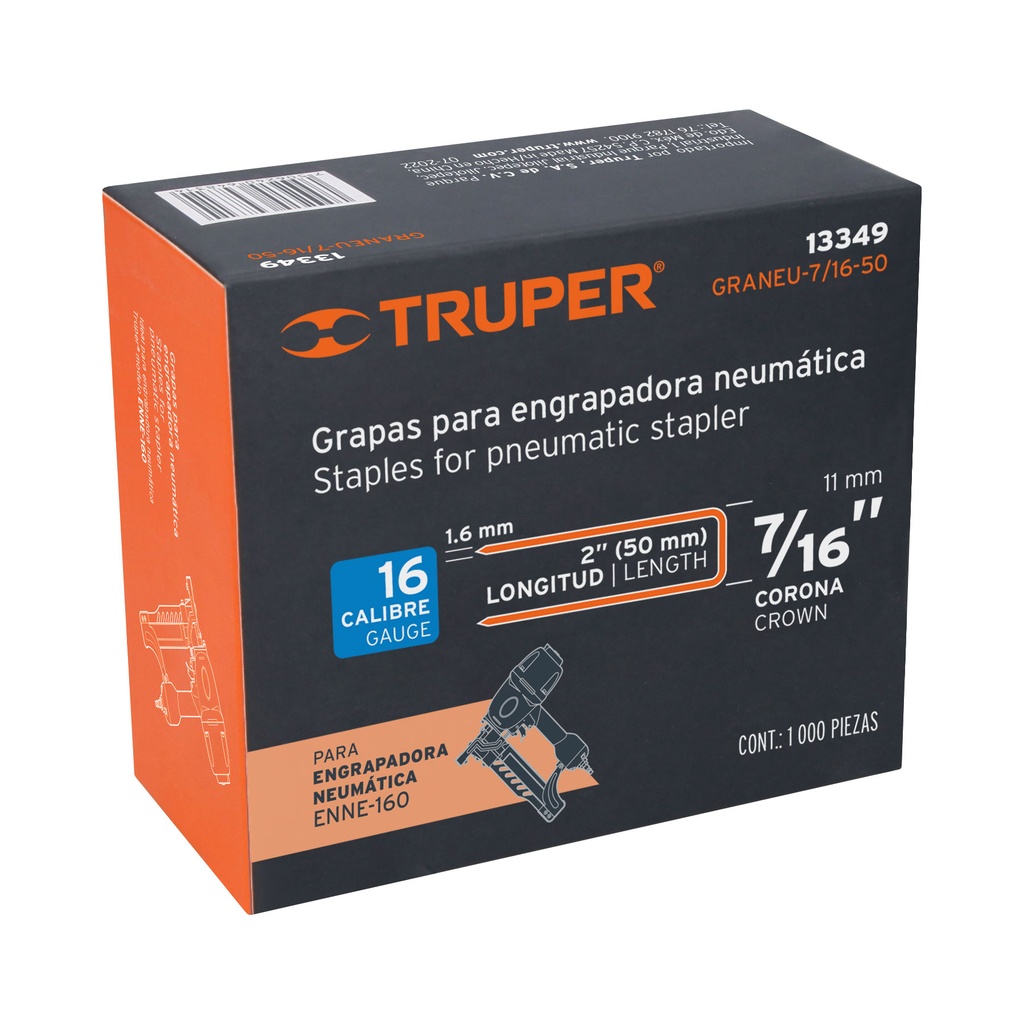 Caja con 1000 grapas corona 7/16" cal. 16, 50mm p/ENNE-160, Truper