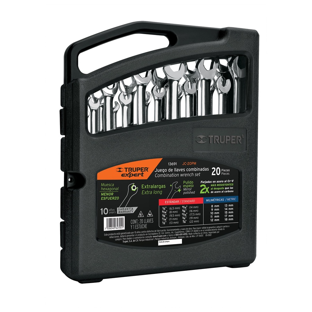 Juego de 20 llaves combinadas std y mm pulidas, Truper Expert