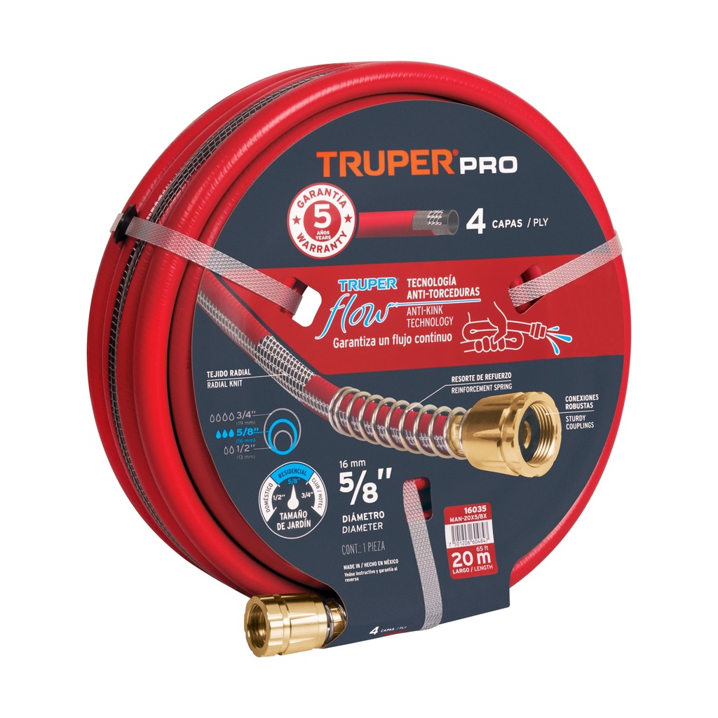 Manguera 5/8" super reforzada 4 capas 20 m conexiones metal, Truper