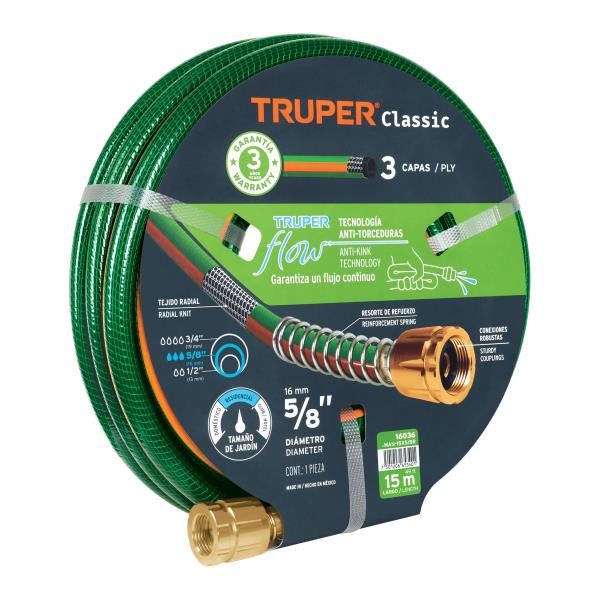 Manguera 5/8" reforzada 3 capas 15 m conexiones de metal, Truper