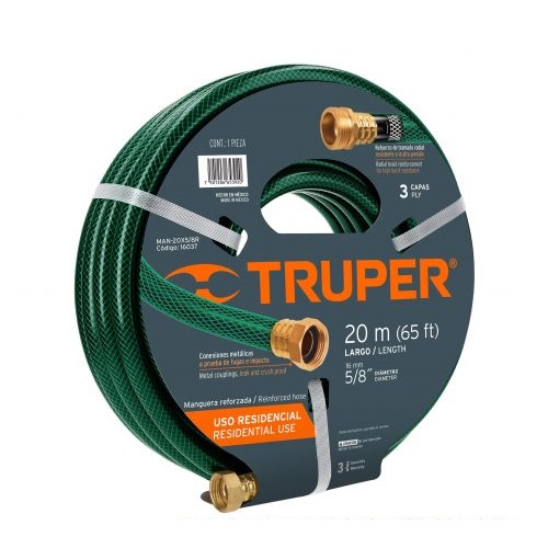 Manguera 5/8" reforzada 3 capas 20 m conexiones de metal, Truper