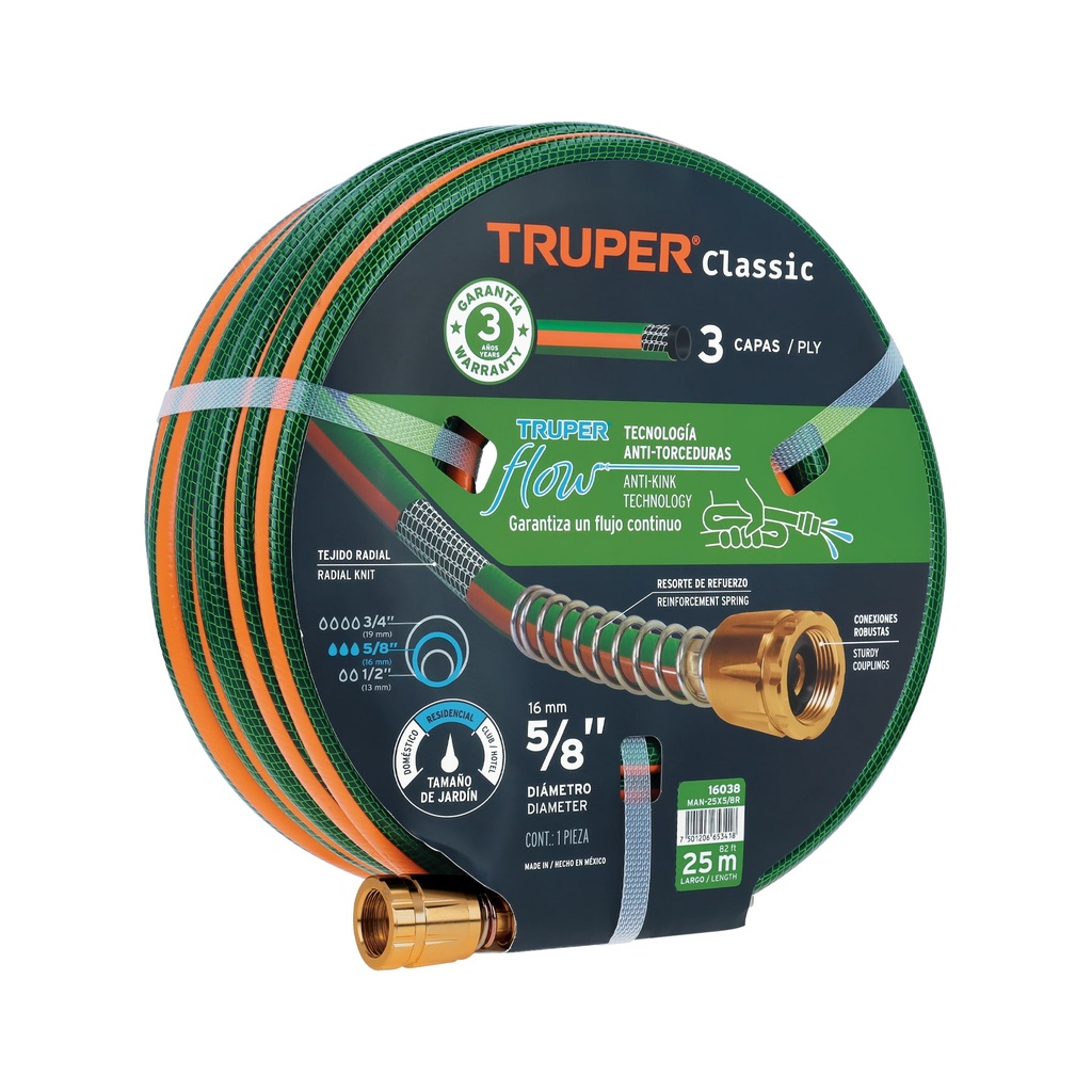 Manguera 5/8" reforzada 3 capas 25 m conexiones de metal, Truper