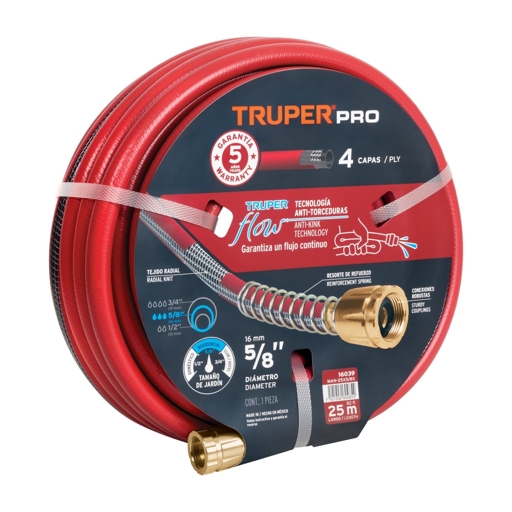 Manguera 5/8" super reforzada 4 capas 25 m conexiones metal, Truper