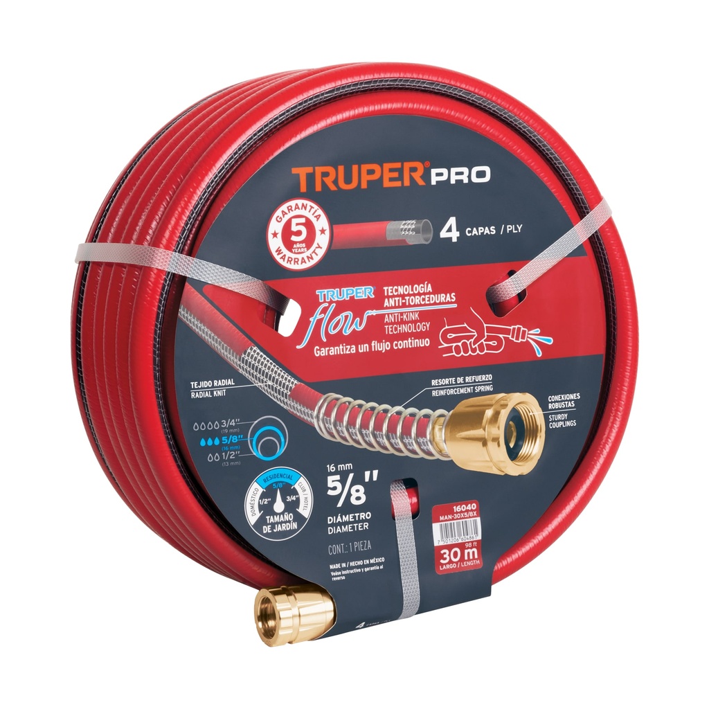 Manguera 5/8" super reforzada 4 capas 30 m conexiones metal, Truper