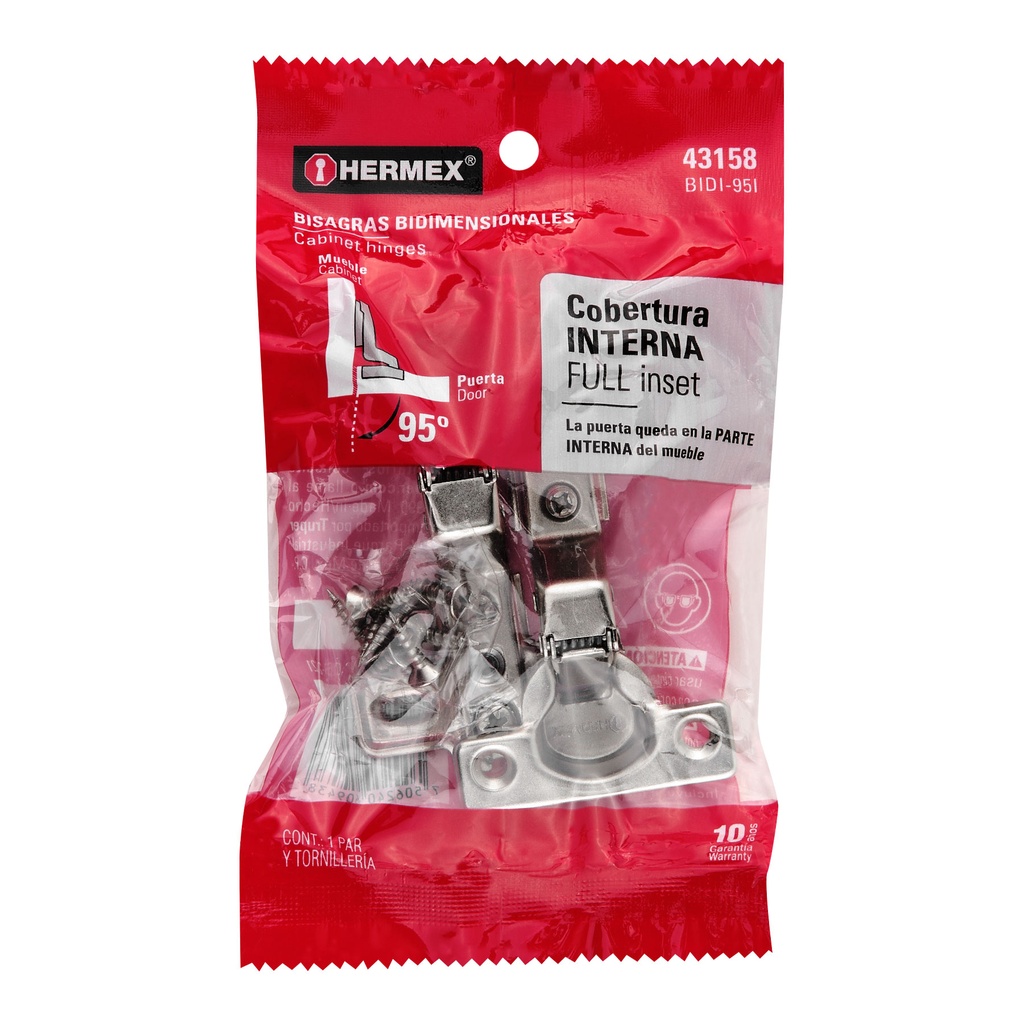 Bolsa c/2 bisagras bidimensionales de 95°, cobertura interna, Truper Hermex