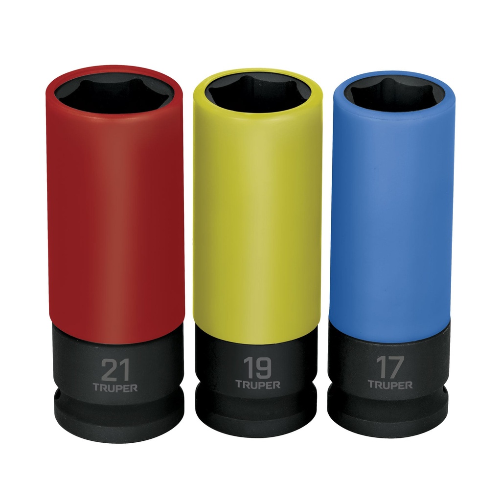 Juego 3 dados largos 1/2" impacto protección plástica 6p mm, Truper