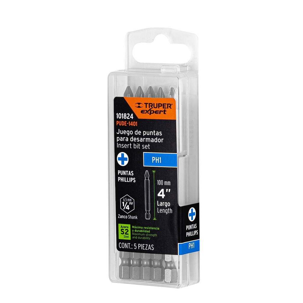 Estuche con 5 puntas de cruz PH1 largo 4", Truper Expert