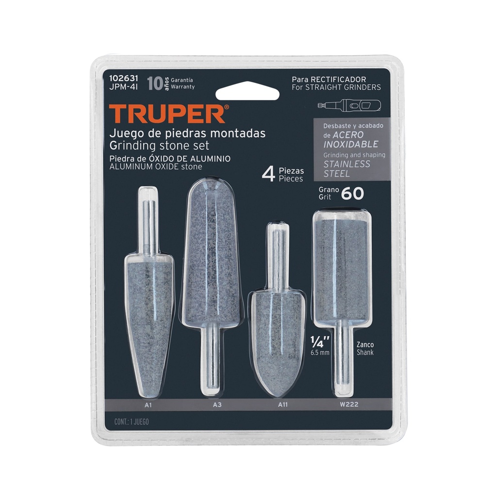 Juego de 4 piedras montadas zanco 1/4", acero inoxidable, Truper